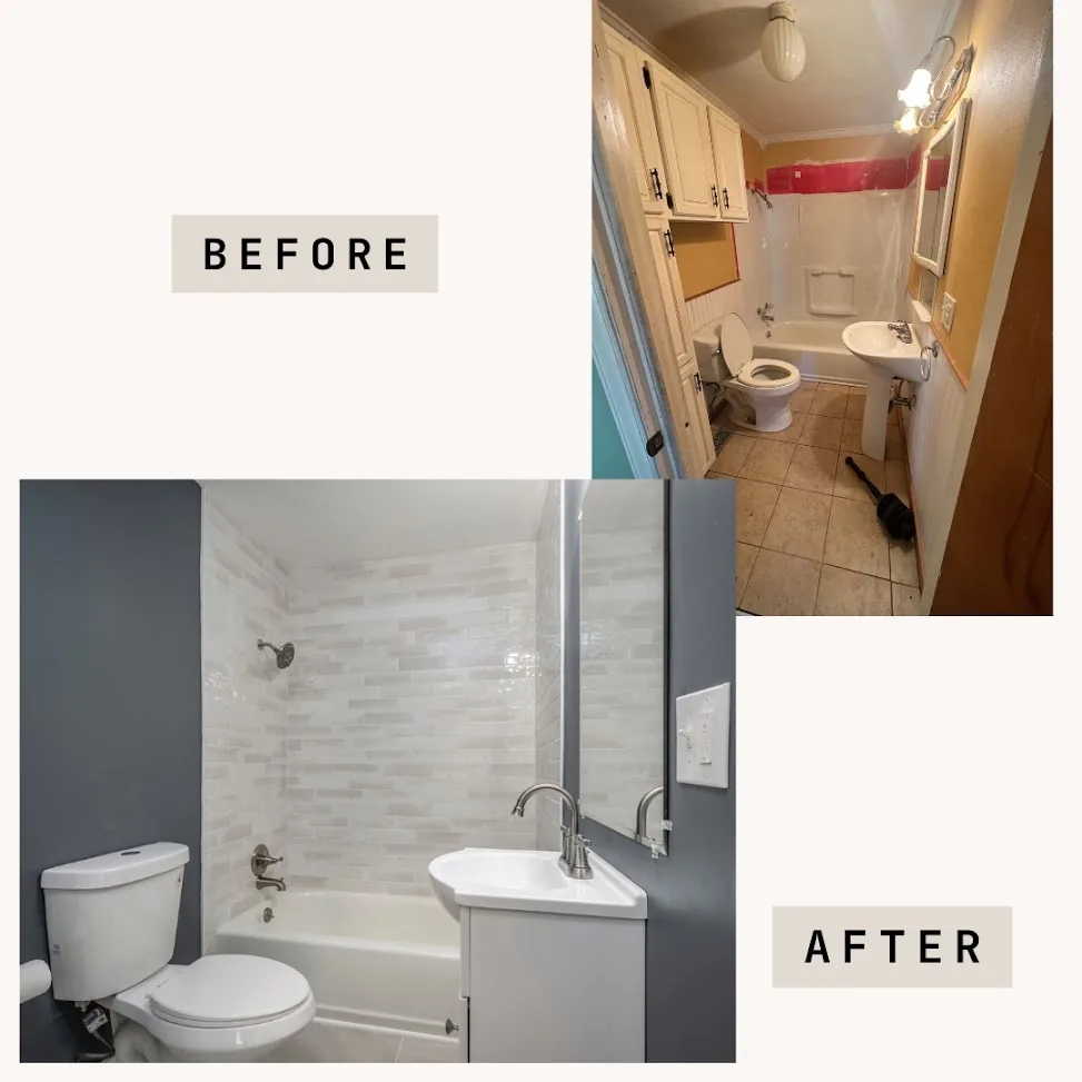 Before and after of a bathroom remodel by Times Two LLC